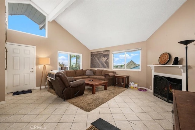 34055 Silver Lantern St, Dana Point, CA 92629 - living area with light tile patterned flooring, high vaulted ceiling, a warm lit fireplace, plenty of natural light, and beam ceiling