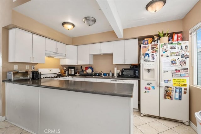 34055 Silver Lantern St, Dana Point, CA 92629 - kitchen featuring white appliances, under cabinet range hood, a peninsula, dark countertops, and light tile patterned floors