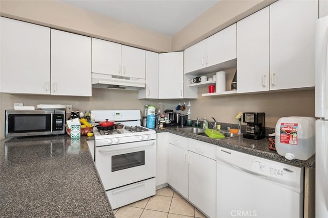34055 Silver Lantern St, Dana Point, CA 92629 - kitchen with under cabinet range hood, white appliances, white cabinets, open shelves, and light tile patterned flooring