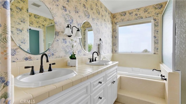 12272 Media Panorama, North Tustin, CA 92705 - bathroom with double vanity, a bath, ornamental molding, and wallpapered walls
