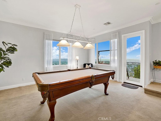 12272 Media Panorama, North Tustin, CA 92705 - playroom with light carpet, ornamental molding, and billiards table