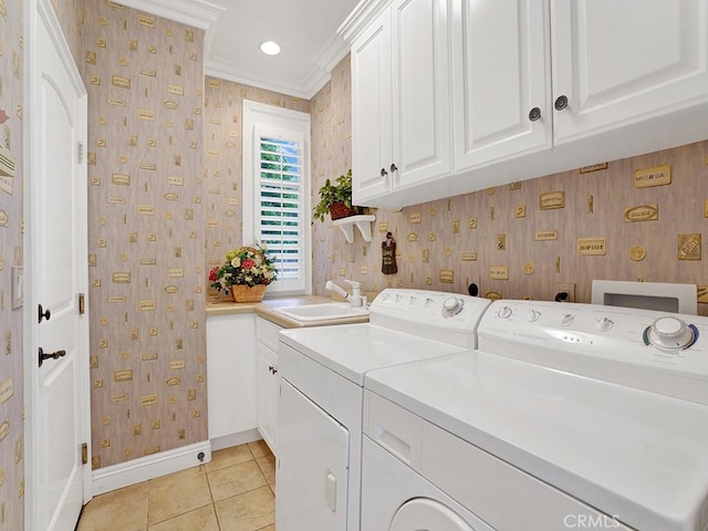 12272 Media Panorama, North Tustin, CA 92705 - washroom with independent washer and dryer, cabinet space, light tile patterned floors, ornamental molding, and wallpapered walls