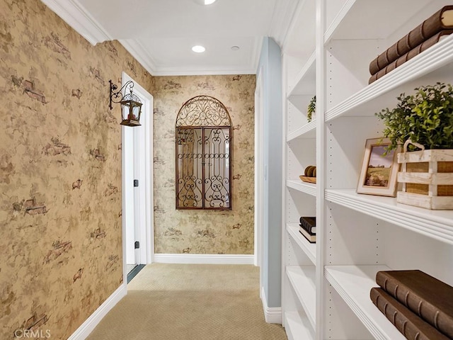 12272 Media Panorama, North Tustin, CA 92705 - hallway with crown molding, carpet flooring, and wallpapered walls