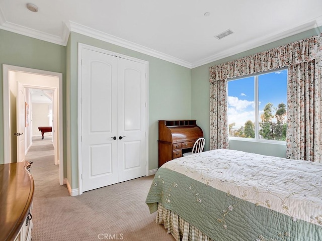 12272 Media Panorama, North Tustin, CA 92705 - bedroom with a closet, light carpet, and ornamental molding