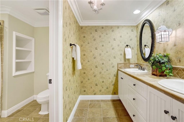 12272 Media Panorama, North Tustin, CA 92705 - full bathroom featuring crown molding, double vanity, wallpapered walls, and tile patterned flooring