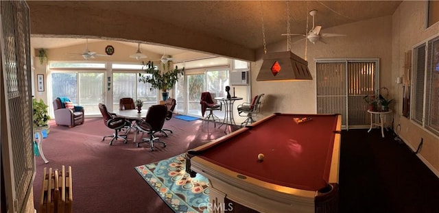 3854 Canvasback Ct, Merced, CA 95340 - rec room with a ceiling fan, vaulted ceiling, billiards, carpet, and an AC wall unit