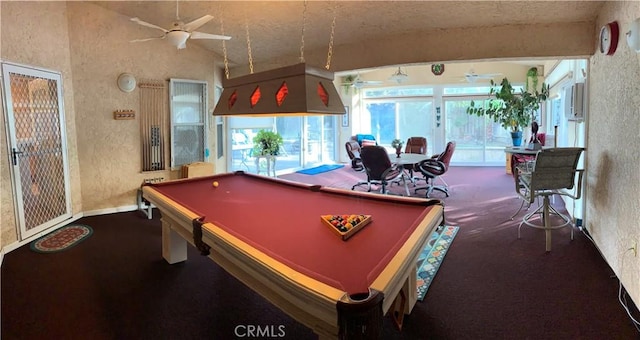 3854 Canvasback Ct, Merced, CA 95340 - game room featuring a ceiling fan, a textured wall, pool table, and carpet