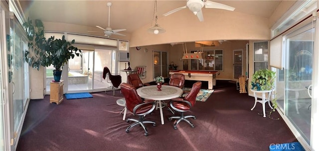 3854 Canvasback Ct, Merced, CA 95340 - dining area with a ceiling fan, lofted ceiling, and carpet flooring