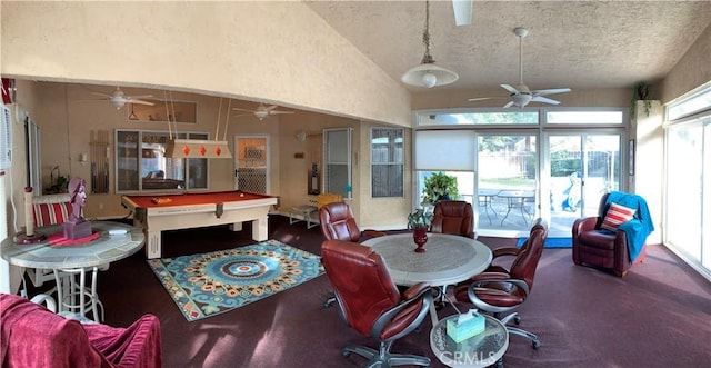 3854 Canvasback Ct, Merced, CA 95340 - game room featuring ceiling fan, billiards, vaulted ceiling, and a textured ceiling