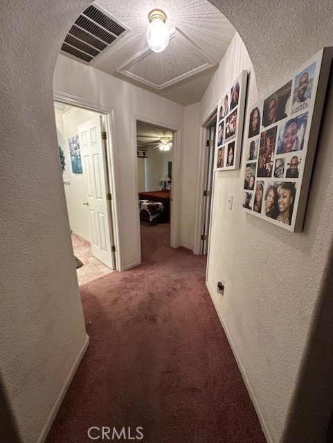 3854 Canvasback Ct, Merced, CA 95340 - hallway featuring a textured wall, carpet floors, and arched walkways