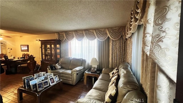 11053 Elmcrest St, El Monte, CA 91731 - living room featuring a textured ceiling, wood-type flooring, and a ceiling fan