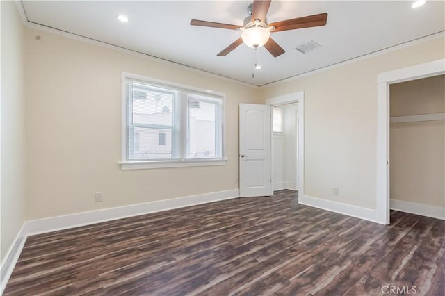 903 W 84th St, Los Angeles, CA 90044 - unfurnished bedroom with dark wood-style flooring, ornamental molding, recessed lighting, a closet, and a ceiling fan
