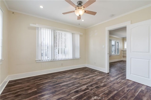 903 W 84th St, Los Angeles, CA 90044 - spare room with dark wood finished floors, a ceiling fan, ornamental molding, and recessed lighting
