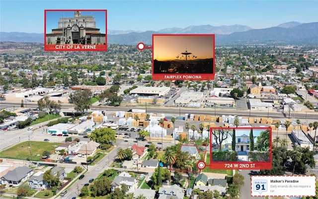 724 W 2nd St, Pomona, CA 91766 - aerial view of property's location featuring a mountainous background and property parcel outlined