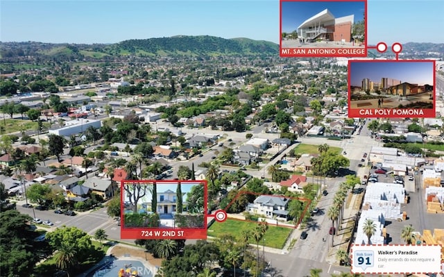 724 W 2nd St, Pomona, CA 91766 - aerial view of property and surrounding area featuring property parcel outlined and a mountainous background