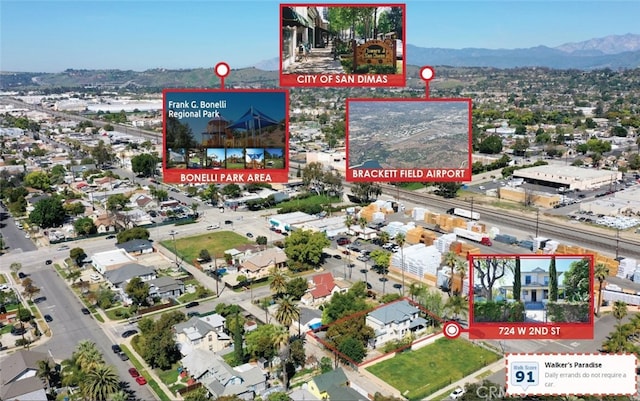 724 W 2nd St, Pomona, CA 91766 - aerial overview of property's location with mountains and property boundaries highlighted
