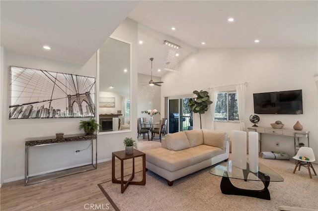 3246 Little Mountain Dr Unit D, San Bernardino, CA 92405 - living room featuring wood finished floors, recessed lighting, a ceiling fan, and high vaulted ceiling