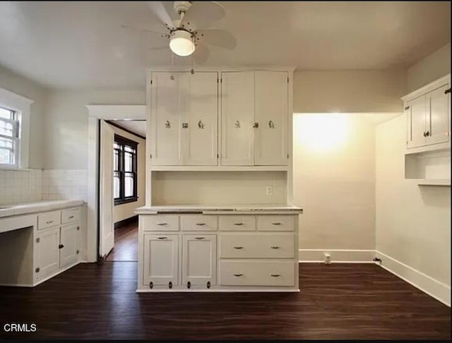 1165 N Lake Ave, Pasadena, CA 91104 - kitchen featuring ceiling fan, dark wood finished floors, light countertops, and white cabinets
