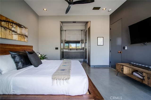 6640 Mount Shasta Ave, Joshua Tree, CA 92252 - bedroom featuring concrete flooring, connected bathroom, recessed lighting, and ceiling fan
