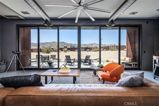 6640 Mount Shasta Ave, Joshua Tree, CA 92252 - living room with a mountain view and ceiling fan