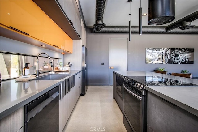 6640 Mount Shasta Ave, Joshua Tree, CA 92252 - kitchen with range with electric stovetop, black dishwasher, a high ceiling, stainless steel fridge, and modern cabinets