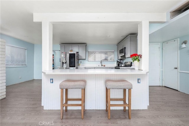 38847 2nd St E, Palmdale, CA 93550 - kitchen featuring stainless steel appliances, gray cabinets, a peninsula, and light wood-type flooring