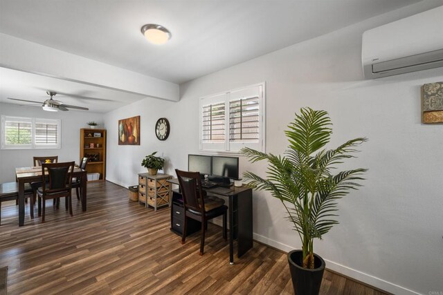 9181 Bloomdale St, Santee, CA 92071 - office area featuring a wall mounted air conditioner, dark wood-style flooring, ceiling fan, and beam ceiling