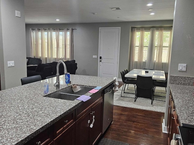 7508 Eagle Dr, Santee, CA 92071 - kitchen with dishwasher, dark wood-style floors, plenty of natural light, recessed lighting, and open floor plan