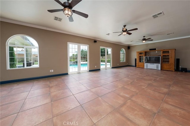 125 W Franklin Ave, Ridgecrest, CA 93555 - unfurnished living room with crown molding, a ceiling fan, and tile patterned floors