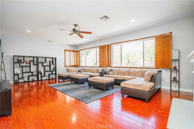 6221 Ruby Crest Way, Jurupa Valley, CA 91752 - living area featuring a ceiling fan, wood finished floors, and recessed lighting