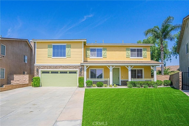6221 Ruby Crest Way, Jurupa Valley, CA 91752 - traditional-style house with stone siding, covered porch, concrete driveway, a garage, and stucco siding