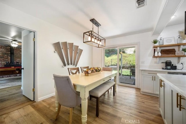 7635 Sombrilla Ave, Atascadero, CA 93422 - dining room with a wood stove and light wood-style floors