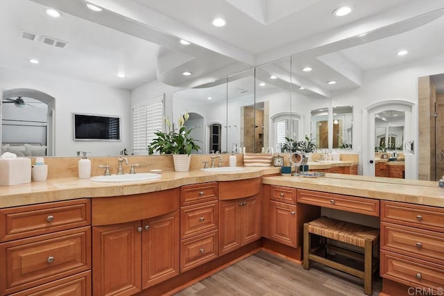 3239 Avenida La Cima, Carlsbad, CA 92009 - full bath with wood finished floors, recessed lighting, a stall shower, double vanity, and ceiling fan