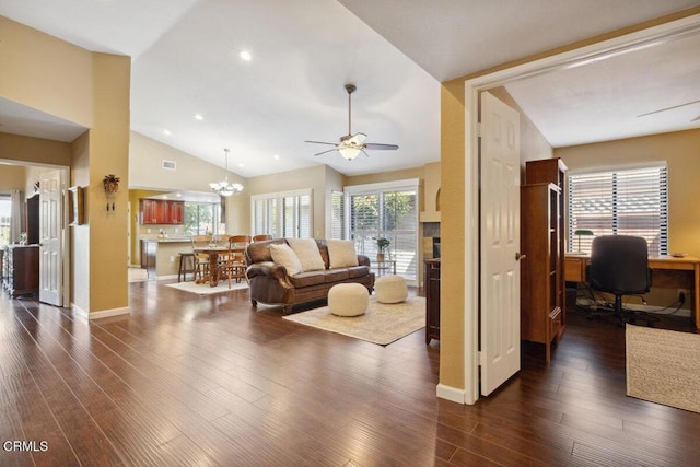 116 La Veta Dr, Camarillo, CA 93012 - living area featuring lofted ceiling, an office area, a ceiling fan, dark wood finished floors, and a chandelier