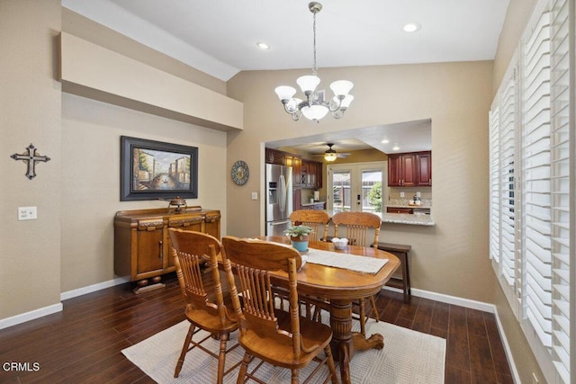 116 La Veta Dr, Camarillo, CA 93012 - dining area with lofted ceiling, a chandelier, dark wood-style flooring, a ceiling fan, and recessed lighting