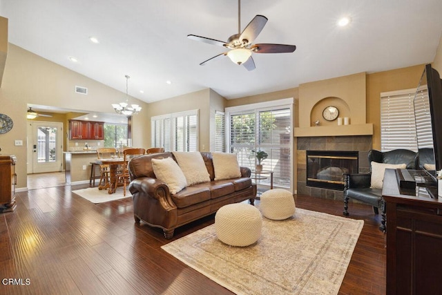 116 La Veta Dr, Camarillo, CA 93012 - living area featuring ceiling fan, a tile fireplace, a chandelier, plenty of natural light, and recessed lighting