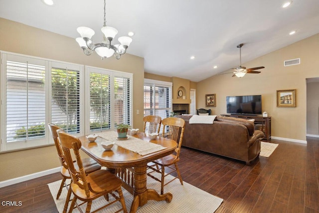 116 La Veta Dr, Camarillo, CA 93012 - dining space with healthy amount of natural light, lofted ceiling, a chandelier, recessed lighting, and dark wood-type flooring