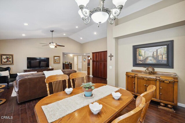 116 La Veta Dr, Camarillo, CA 93012 - dining room featuring dark wood finished floors, vaulted ceiling, a ceiling fan, recessed lighting, and a chandelier