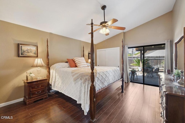 116 La Veta Dr, Camarillo, CA 93012 - bedroom featuring access to outside, wood finished floors, high vaulted ceiling, and a ceiling fan