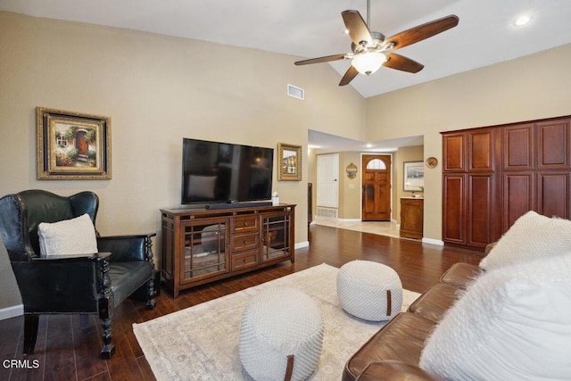 116 La Veta Dr, Camarillo, CA 93012 - living room with a ceiling fan, dark wood-style flooring, lofted ceiling, and recessed lighting
