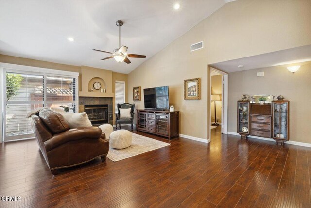 116 La Veta Dr, Camarillo, CA 93012 - living area featuring ceiling fan, a fireplace, dark wood-style floors, high vaulted ceiling, and recessed lighting