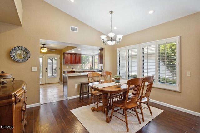 116 La Veta Dr, Camarillo, CA 93012 - dining space featuring wood finished floors, a chandelier, recessed lighting, high vaulted ceiling, and a ceiling fan