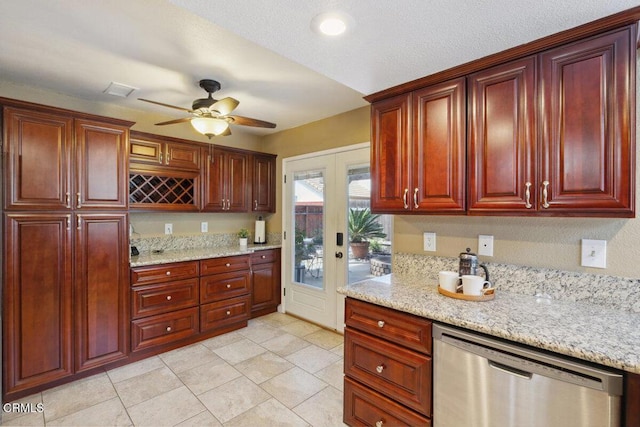 116 La Veta Dr, Camarillo, CA 93012 - kitchen featuring dishwasher, reddish brown cabinets, a ceiling fan, french doors, and light stone counters