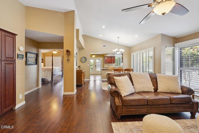116 La Veta Dr, Camarillo, CA 93012 - living area featuring ceiling fan, lofted ceiling, a chandelier, and dark wood-style floors
