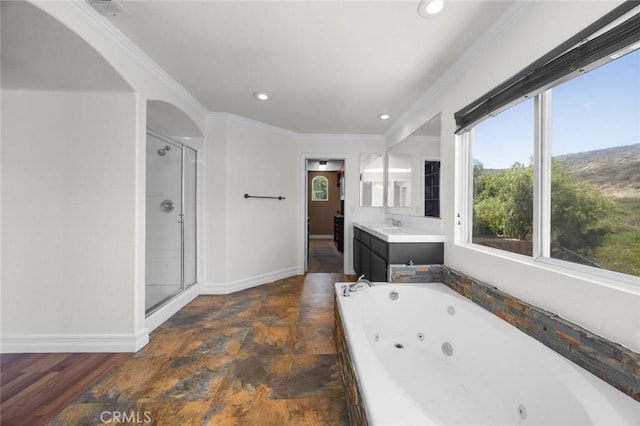 5 Vista Loreta, Lake Elsinore, CA 92532 - bathroom featuring a stall shower, a tub with jets, vanity, ornamental molding, and recessed lighting