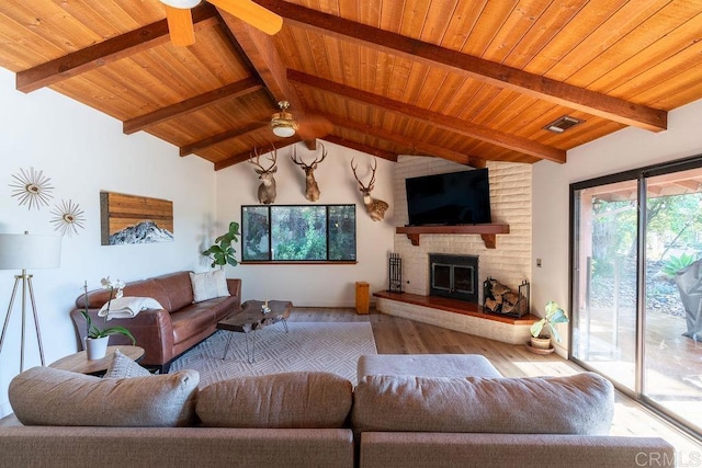 2278 Casitas Del Sol, Fallbrook, CA 92028 - living room with wood ceiling, ceiling fan, wood finished floors, and a fireplace