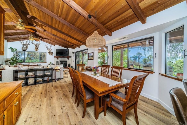 2278 Casitas Del Sol, Fallbrook, CA 92028 - dining space featuring wooden ceiling, light wood-style flooring, healthy amount of natural light, a fireplace, and ceiling fan