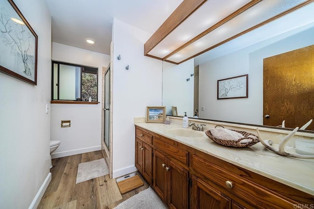 2278 Casitas Del Sol, Fallbrook, CA 92028 - bathroom with vanity, an enclosed shower, wood finished floors, and recessed lighting