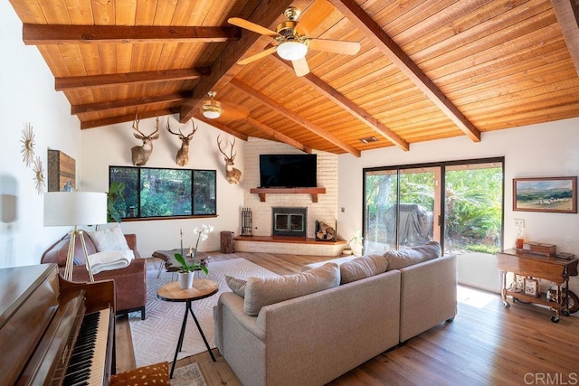2278 Casitas Del Sol, Fallbrook, CA 92028 - living room with wooden ceiling, wood finished floors, a fireplace, and ceiling fan