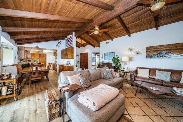 2278 Casitas Del Sol, Fallbrook, CA 92028 - living room featuring a ceiling fan, wooden ceiling, light wood-type flooring, and healthy amount of natural light